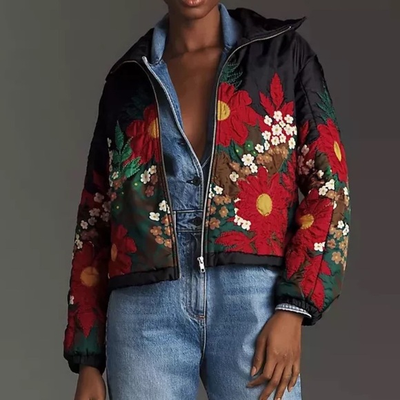 Anthropologie XL Floral Embroidered Bomber Jacket | Quilted Puffer Coat - Picture 2 of 9